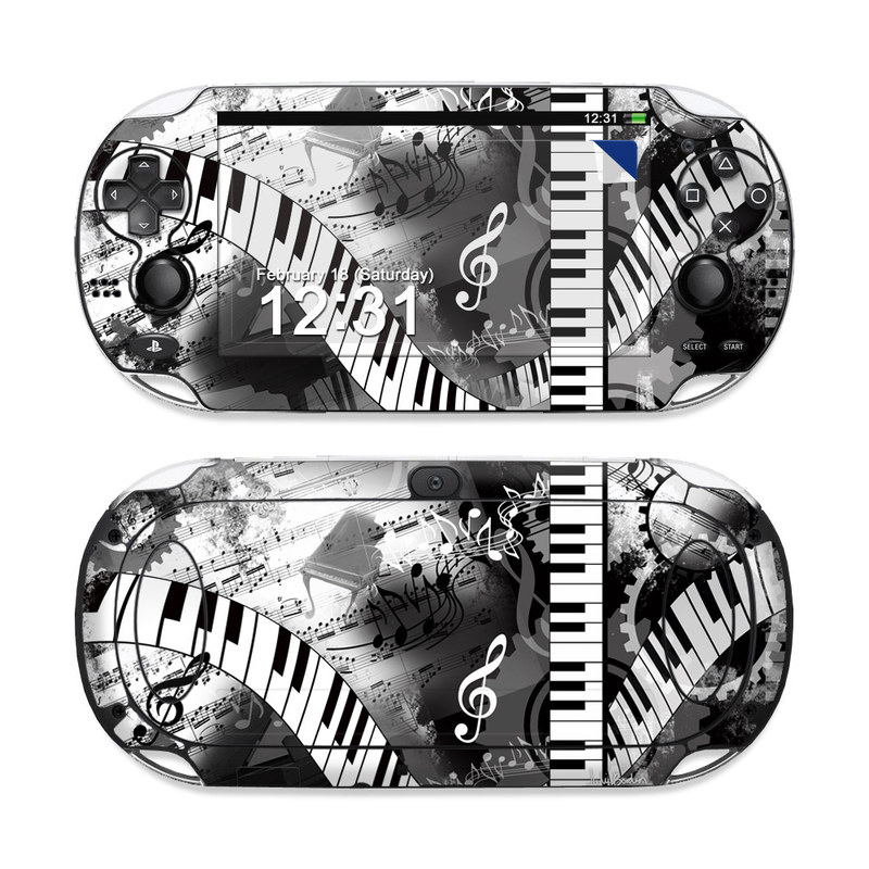 PlayStation Vita Skin design of Music, Monochrome, Black-and-white, Illustration, Graphic design, Musical instrument, Technology, Musical keyboard, Piano, Electronic instrument, with black, gray, white colors