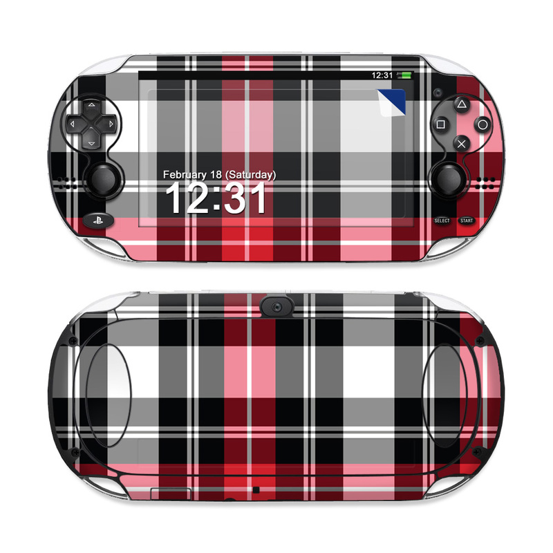 PlayStation Vita Skin design of Plaid, Tartan, Pattern, Red, Textile, Design, Line, Pink, Magenta, Square, with black, gray, pink, red, white colors