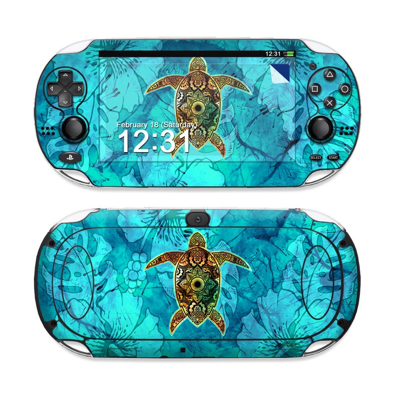 PlayStation Vita Skin design of Sea turtle, Green sea turtle, Turtle, Hawksbill sea turtle, Tortoise, Reptile, Loggerhead sea turtle, Illustration, Art, Pattern, with blue, black, green, gray, red colors