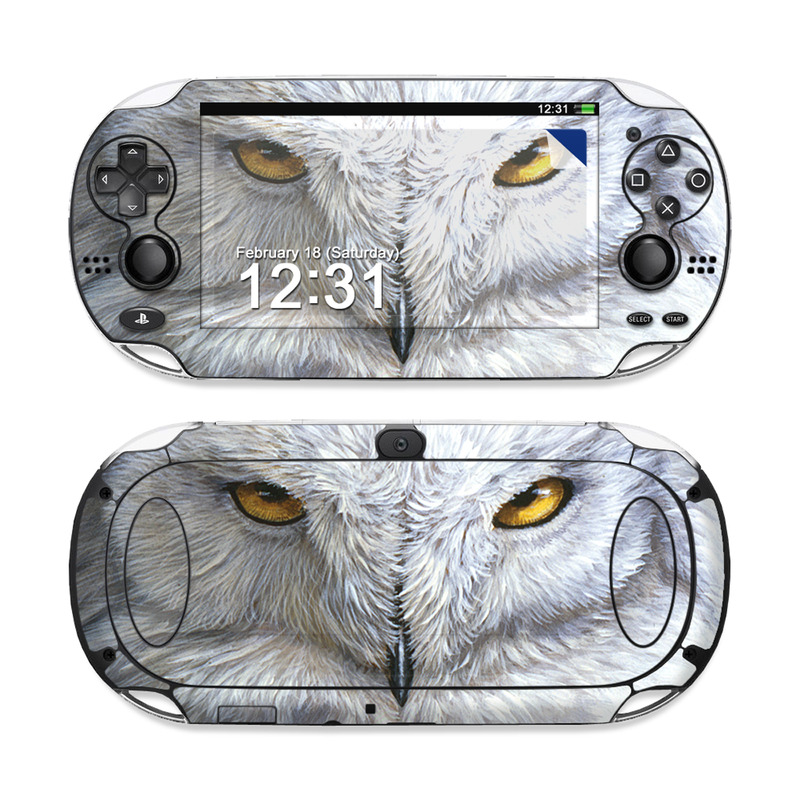 PlayStation Vita Skin design of Owl, Bird, Bird of prey, Snowy owl, great grey owl, Close-up, Eye, Snout, Wildlife, Eastern Screech owl, with gray, white, black, blue, purple colors
