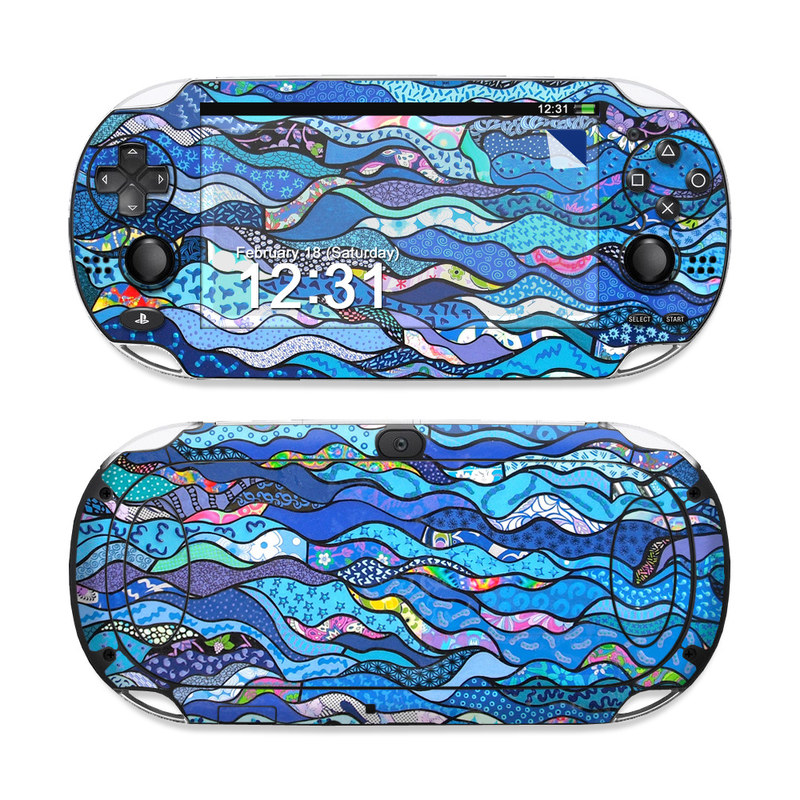PlayStation Vita Skin design of Blue, Pattern, Aqua, Water, Line, Design, Textile, Psychedelic art, Electric blue, with blue, black, gray, purple colors