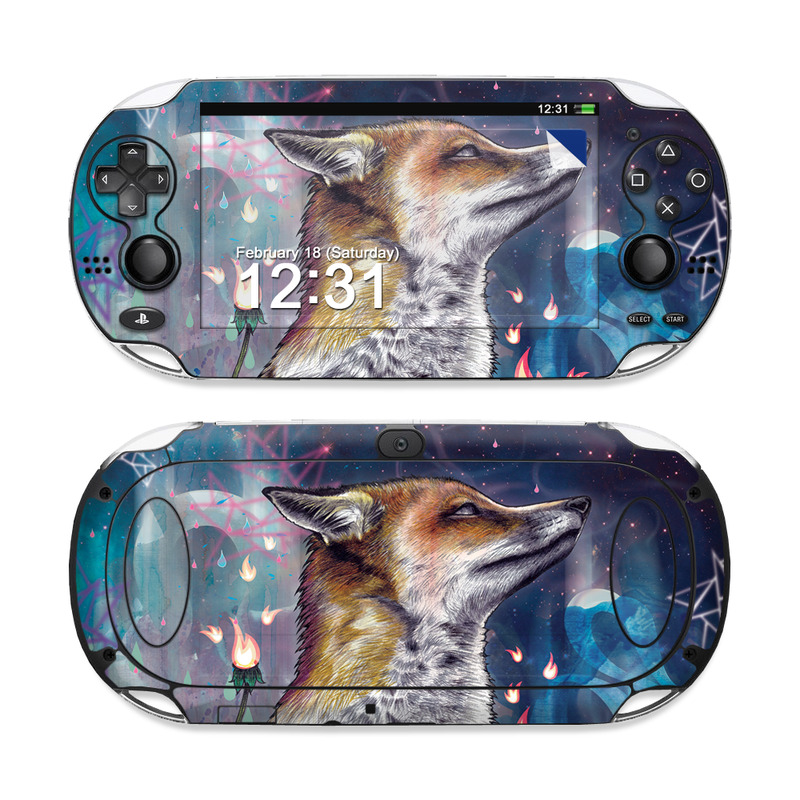 PlayStation Vita Skin design of Red fox, Art, Wildlife, Canidae, Illustration, Fox, Carnivore, Painting, Dhole, Red wolf, with black, gray, blue, red, green colors