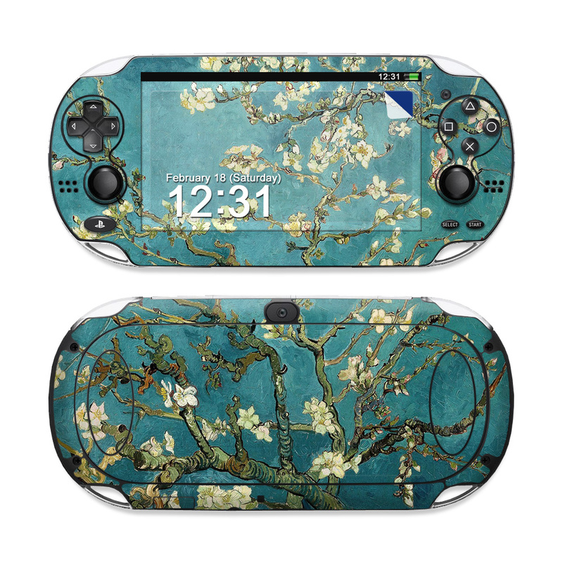 PlayStation Vita Skin design of Tree, Branch, Plant, Flower, Blossom, Spring, Woody plant, Perennial plant, with blue, black, gray, green colors
