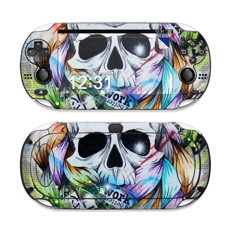 PlayStation Vita Skin design of Street art, Text, Graphic design, Font, Illustration, Art, Graffiti, Skull, Poster, Advertising, with gray, black, red, green, blue colors