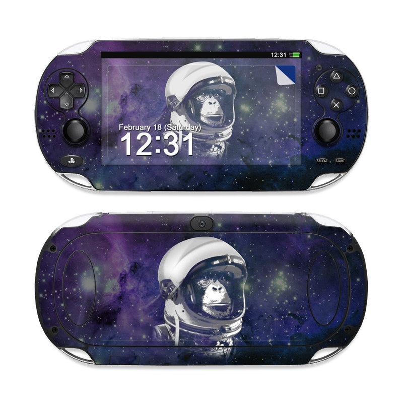 PlayStation Vita Skin design of Helmet, Astronaut, Personal protective equipment, Illustration, Space, Outer space, Headgear, Fictional character, Sports gear, Football gear, with black, gray, blue, white colors