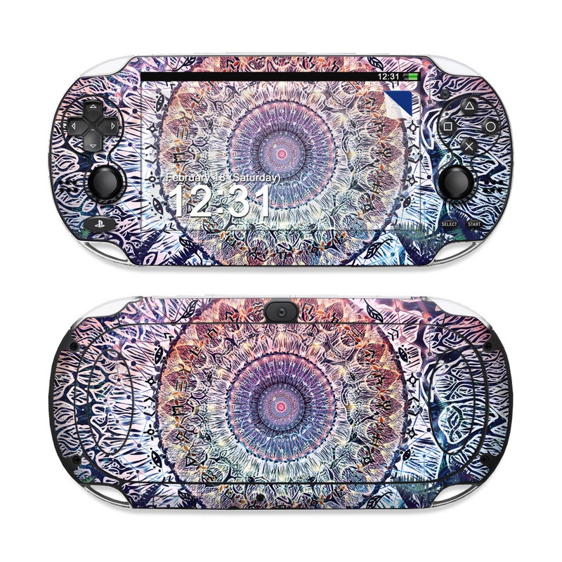 PlayStation Vita Skin design of Tapestry, Pattern, Art, Close-up, Circle, Fractal art, Textile, Eye, Design, Kaleidoscope, with blue, red, yellow, purple, green colors