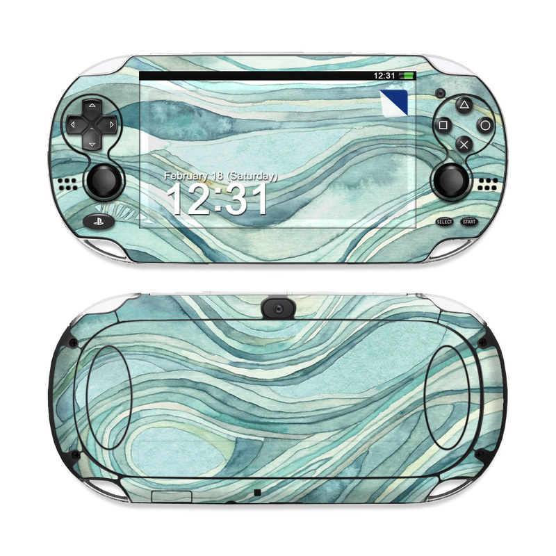 PlayStation Vita Skin design of Aqua, Blue, Pattern, Turquoise, Teal, Water, Design, Line, Wave, Textile, with gray, blue colors