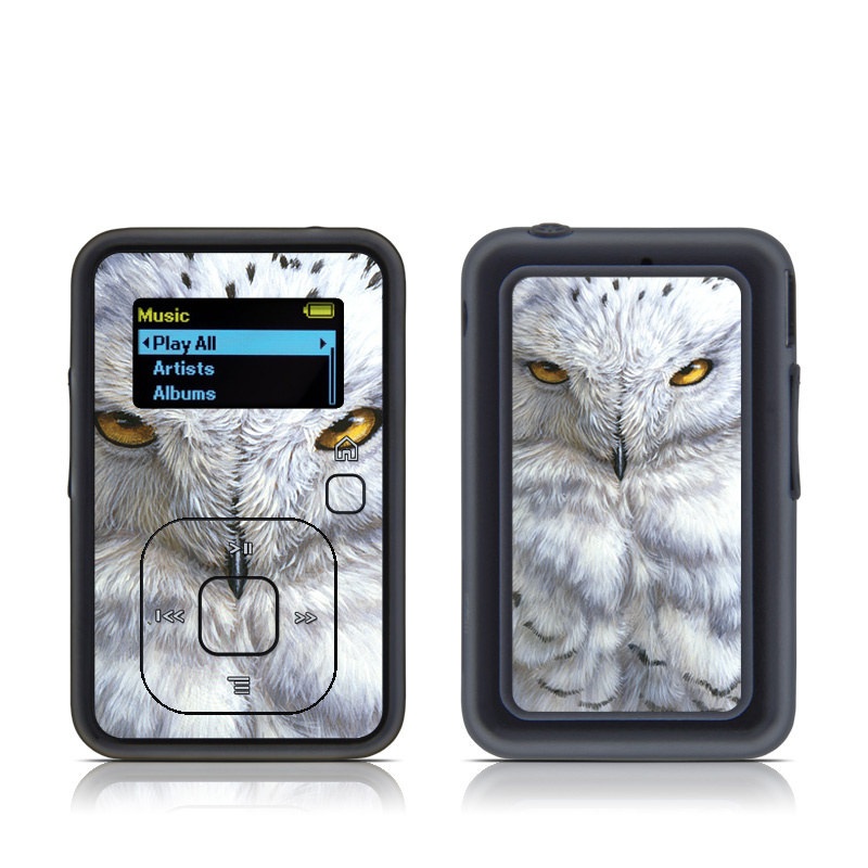 SanDisk Sansa Clip Plus Skin design of Owl, Bird, Bird of prey, Snowy owl, great grey owl, Close-up, Eye, Snout, Wildlife, Eastern Screech owl, with gray, white, black, blue, purple colors