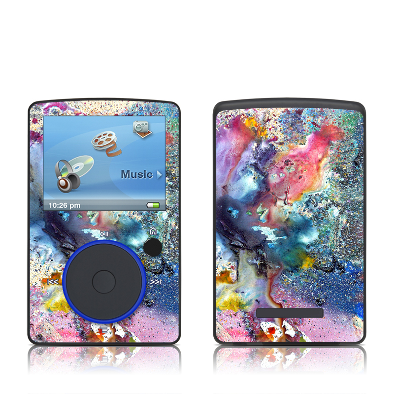 SanDisk Sansa Fuze Original Skin design of Watercolor paint, Painting, Acrylic paint, Art, Modern art, Paint, Visual arts, Space, Colorfulness, Illustration, with gray, black, blue, red, pink colors