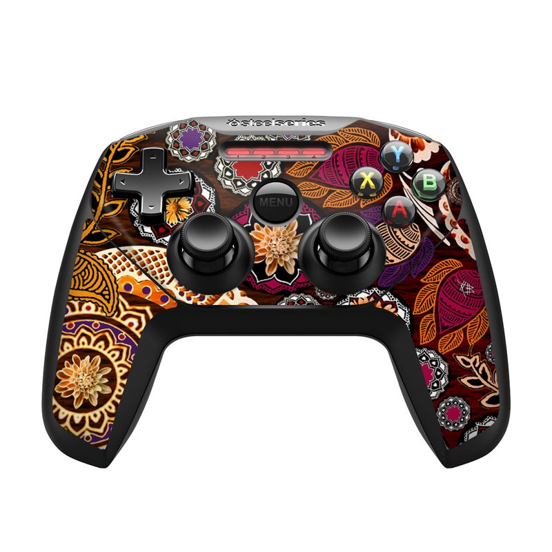 SteelSeries Nimbus Controller Skin design of Pattern, Motif, Visual arts, Design, Art, Floral design, Textile, Paisley, Tapestry, Circle, with brown, purple, red, white, black colors