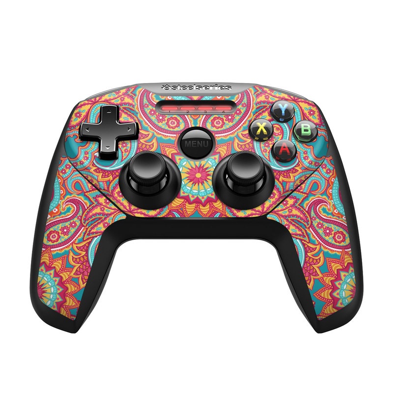 SteelSeries Nimbus Controller Skin design of Pattern, Paisley, Motif, Visual arts, Design, Art, Textile, Psychedelic art, with orange, yellow, blue, red colors