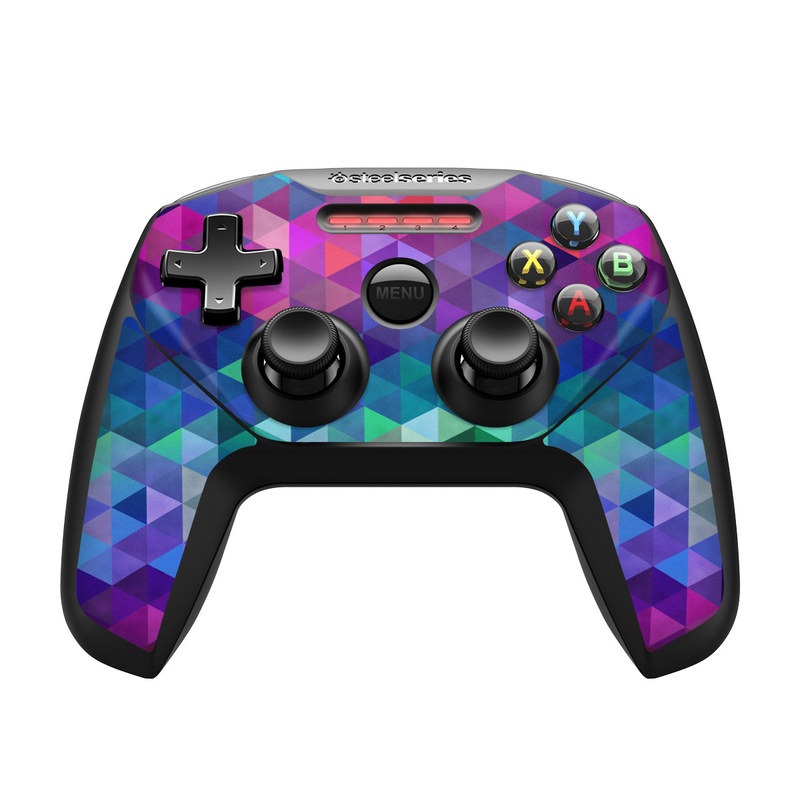 SteelSeries Nimbus Controller Skin design of Purple, Violet, Pattern, Blue, Magenta, Triangle, Line, Design, Graphic design, Symmetry, with blue, purple, green, red, pink colors