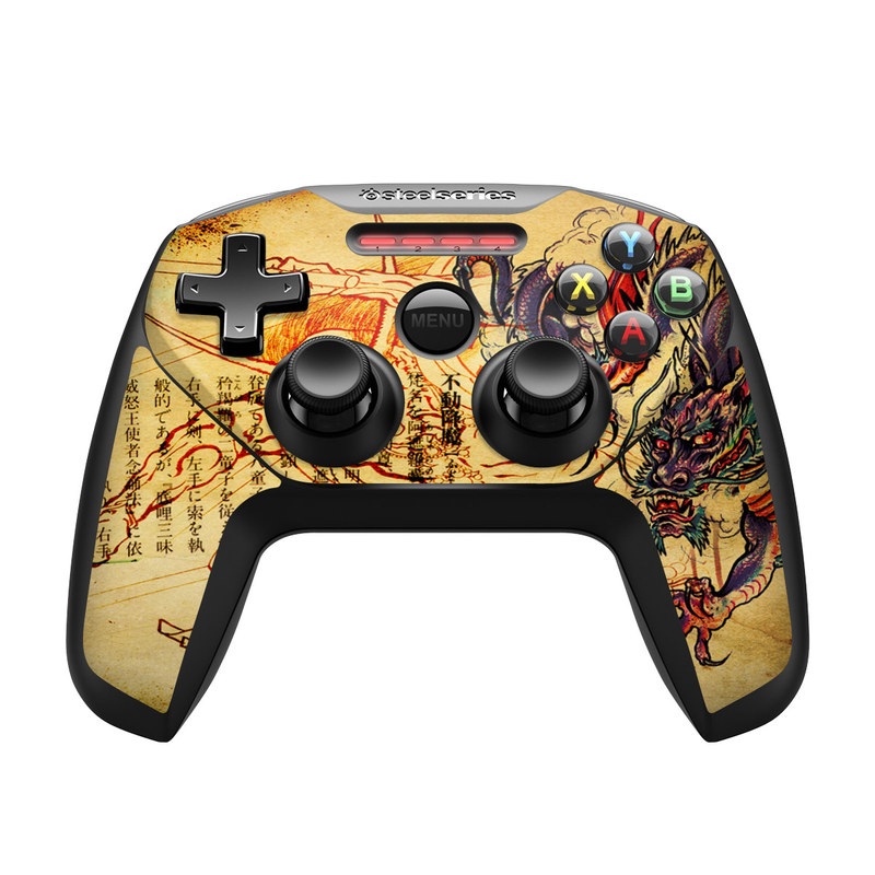 SteelSeries Nimbus Controller Skin design of Illustration, Fictional character, Art, Demon, Drawing, Visual arts, Dragon, Supernatural creature, Mythical creature, Mythology, with black, green, red, gray, pink, orange colors