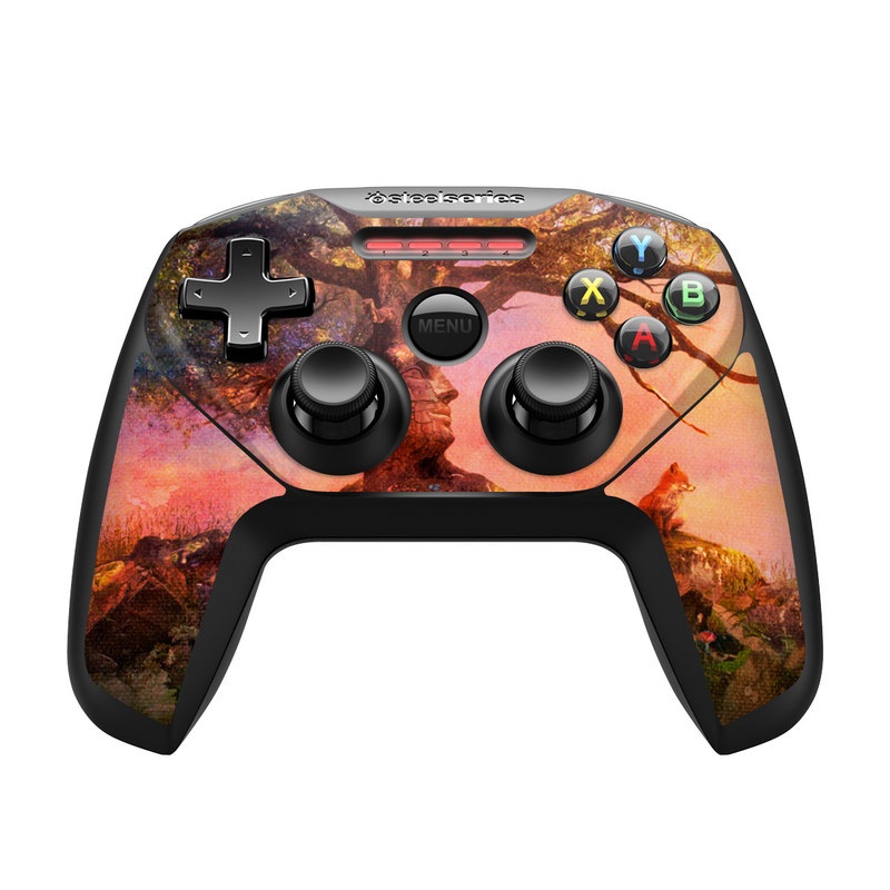 SteelSeries Nimbus Controller Skin design of Nature, Tree, Sky, Natural landscape, Branch, Leaf, Woody plant, Trunk, Landscape, Plant, with pink, red, black, green, gray, orange colors