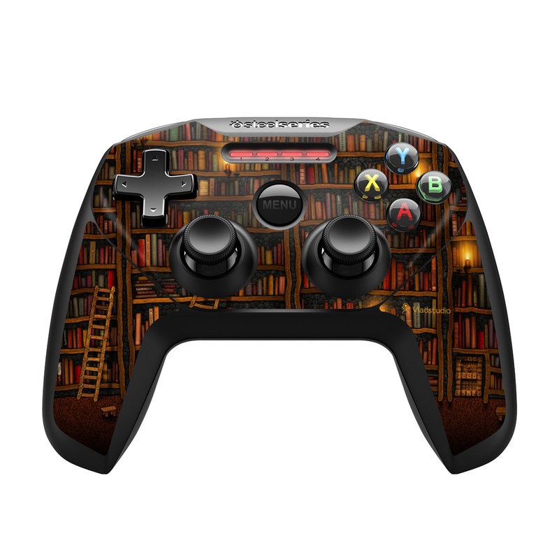 SteelSeries Nimbus Controller Skin design of Shelving, Library, Bookcase, Shelf, Furniture, Book, Building, Publication, Room, Darkness, with black, red colors