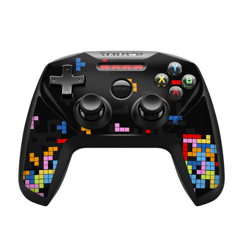 SteelSeries Nimbus Controller Skin design of Pattern, Symmetry, Font, Design, Graphic design, Line, Colorfulness, Magenta, Square, Graphics, with black, green, blue, orange, red colors