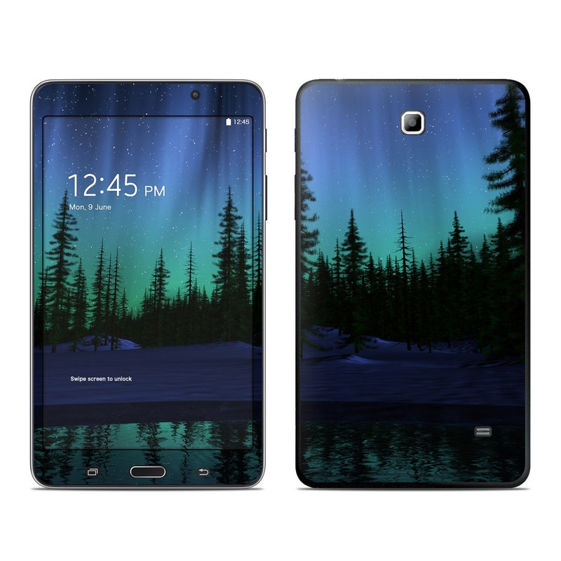 Samsung Galaxy Tab 4 7.0 Skin design of Aurora, Nature, Sky, shortleaf black spruce, Natural landscape, Tree, Wilderness, Natural environment, Biome, Spruce-fir forest, with blue, purple, green, black colors
