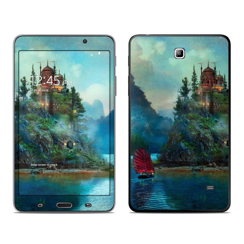 Samsung Galaxy Tab 4 7.0 Skin design of Nature, Natural landscape, Sky, Painting, Landscape, Illustration, Watercolor paint, Art, Calm, Water castle, with black, gray, blue, green colors