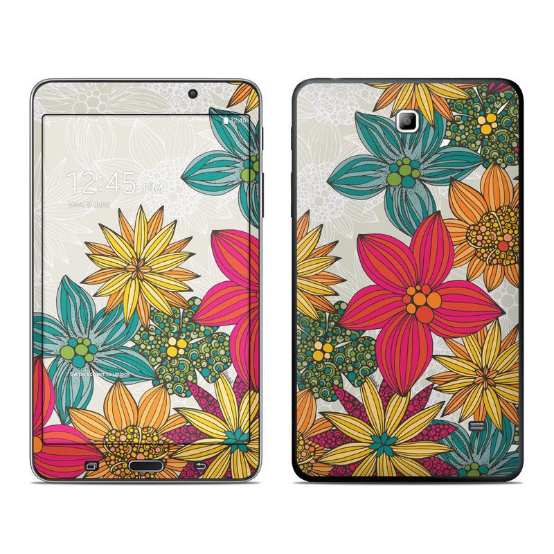 Samsung Galaxy Tab 4 7.0 Skin design of Floral design, Pattern, Flower, Wildflower, Plant, Botany, Leaf, Design, Textile, Visual arts, with blue, yellow, red, green, orange, gray colors