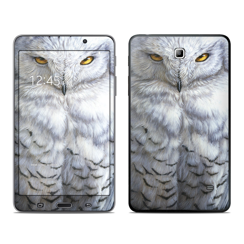Samsung Galaxy Tab 4 7.0 Skin design of Owl, Bird, Bird of prey, Snowy owl, great grey owl, Close-up, Eye, Snout, Wildlife, Eastern Screech owl with gray, white, black, blue, purple colors