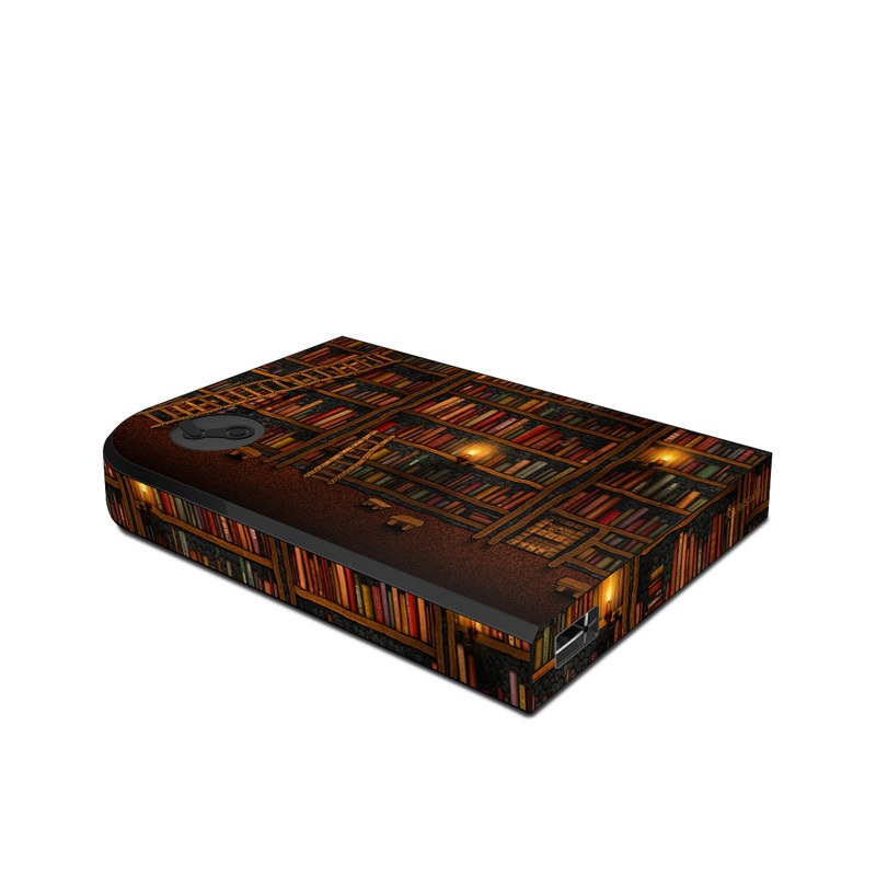 Valve Steam Link Skin design of Shelving, Library, Bookcase, Shelf, Furniture, Book, Building, Publication, Room, Darkness, with black, red colors
