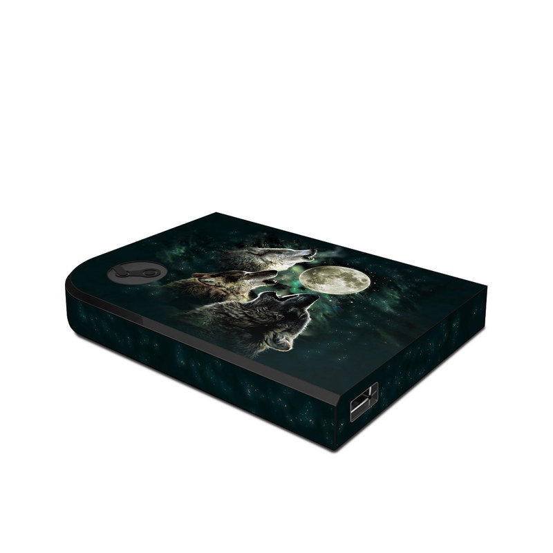 Valve Steam Link Skin design of Wolf, Light, Astronomical object, Moon, Wildlife, Organism, Moonlight, Sky, Atmosphere, Celestial event, with black, gray, green colors