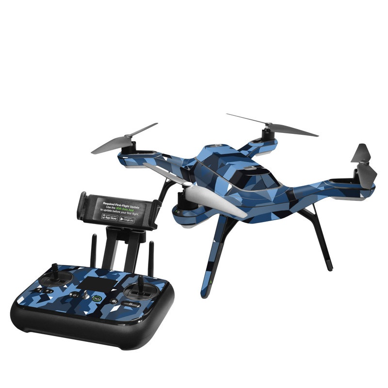 3DR Solo Skin design of Blue, Pattern, Design, Font, Line, Camouflage, Illustration, Triangle, with blue, black, white, gray colors