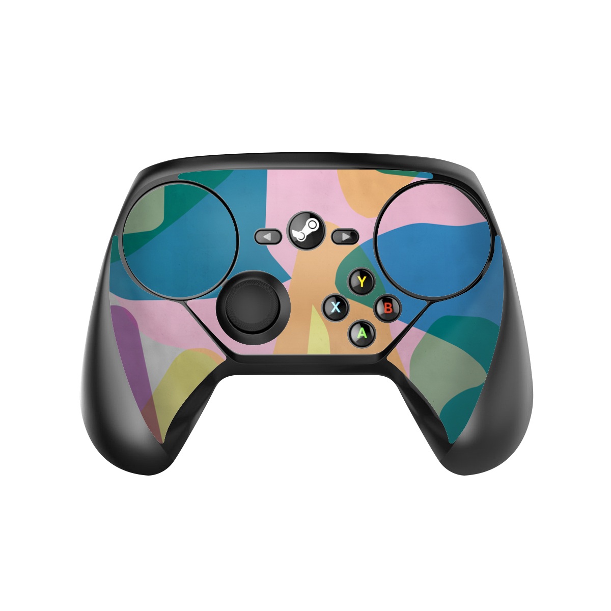 Valve Steam Controller Skin design of Azure, Paint, Textile, Organism, Art, Painting, Aqua, Font, Rectangle, Tints and shades, with blue, green, pink, yellow, orange, purple, gray colors