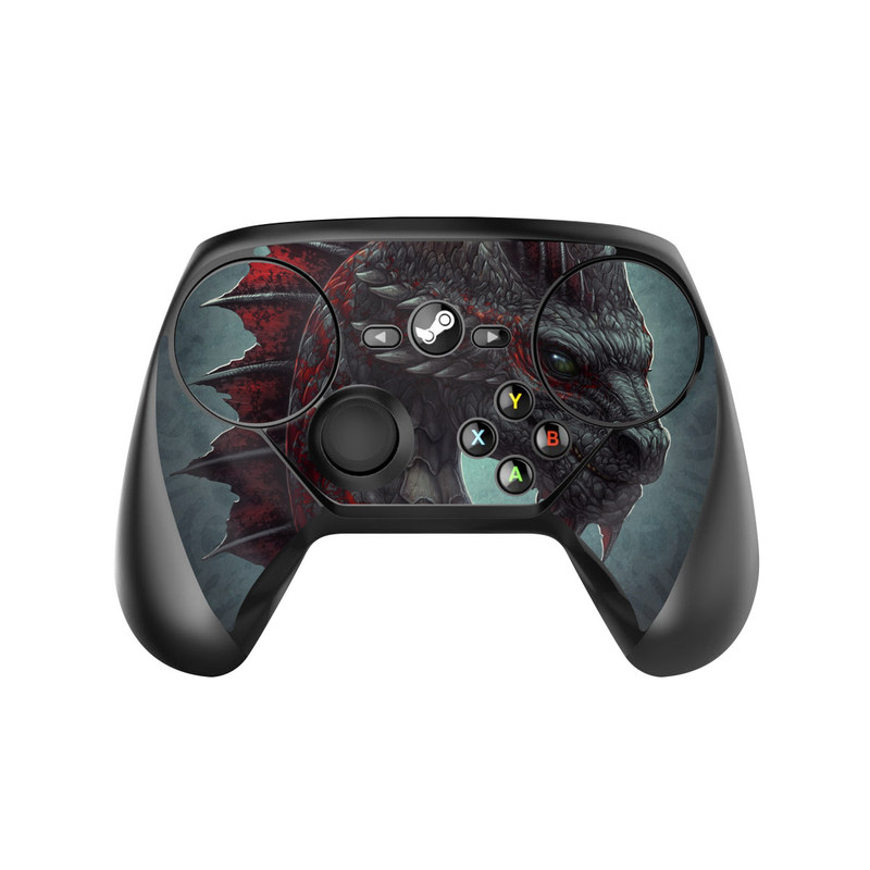 Valve Steam Controller Skin design of Dragon, Fictional character, Mythical creature, Demon, Cg artwork, Illustration, Green dragon, Supernatural creature, Cryptid, with red, gray, blue colors