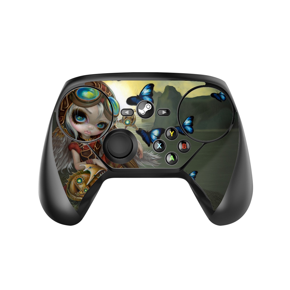 Valve Steam Controller Skin design of Cg artwork, Illustration, Fictional character, Art, Mythology, Games, Massively multiplayer online role-playing game, with black, green, red, yellow, brown, blue colors