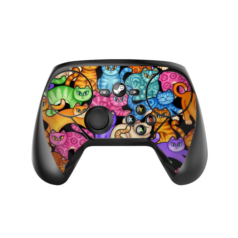 Valve Steam Controller Skin design of Cat, Cartoon, Felidae, Organism, Small to medium-sized cats, Illustration, Animated cartoon, Wildlife, Kitten, Art, with black, blue, red, purple, green, brown colors