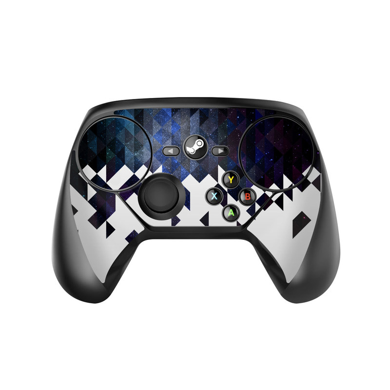 Valve Steam Controller Skin design of Text, Pattern, Graphic design, Font, Purple, Design, Line, Triangle, Logo, Graphics, with black, blue, white colors