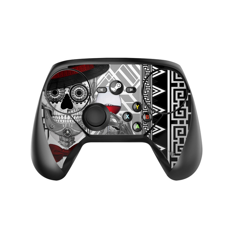 Valve Steam Controller Skin design of Cartoon, Poster, Font, Illustration, Headgear, Games, Photo caption, Fictional character, Graphic design, Hat, with black, white, red colors