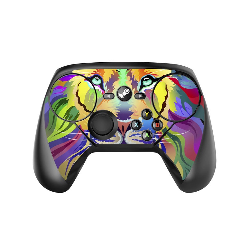 Valve Steam Controller Skin design of Bengal tiger, Felidae, Lion, Wildlife, Big cats, Tiger, Carnivore, Art, Illustration, Painting, with orange, yellow, green, red, pink, blue, purple colors