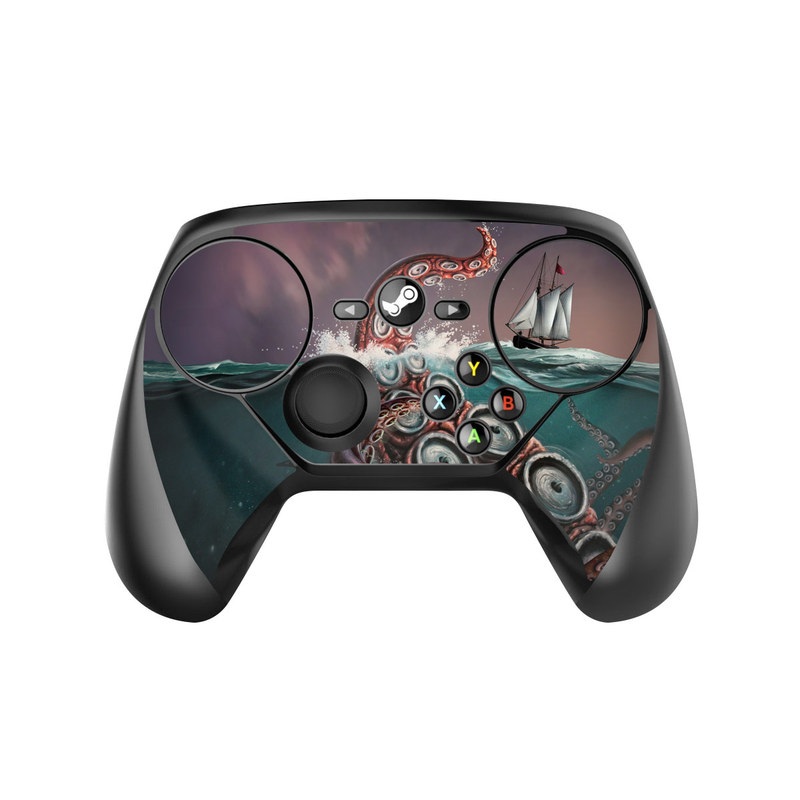 Valve Steam Controller Skin design of Octopus, Water, Illustration, Wind wave, Sky, Graphic design, Organism, Cephalopod, Cg artwork, giant pacific octopus, with blue, gray, white, brown, red colors
