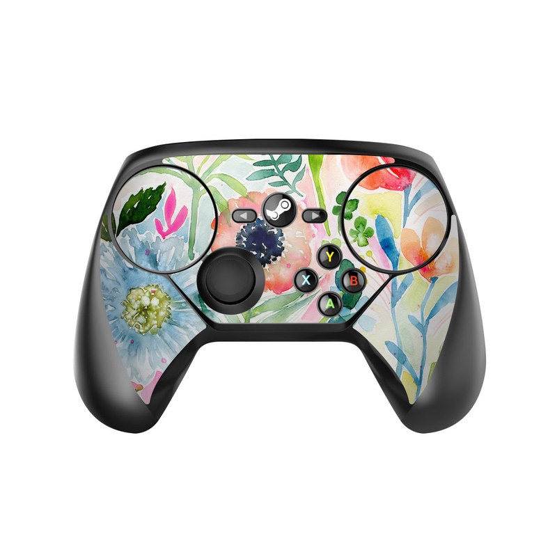 Valve Steam Controller Skin design of Flower, Watercolor paint, Plant, Flowering plant, Pattern, Floral design, Botany, Petal, Wildflower, Design, with green, pink, yellow, orange, blue, red, purple colors