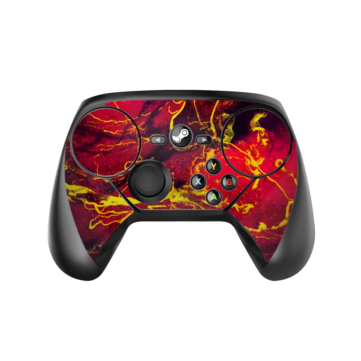 Valve Steam Controller Skin design of Red, Purple, Geological phenomenon, Pattern, Fractal art, Art, Fictional character, Graphics, with red, yellow, black colors