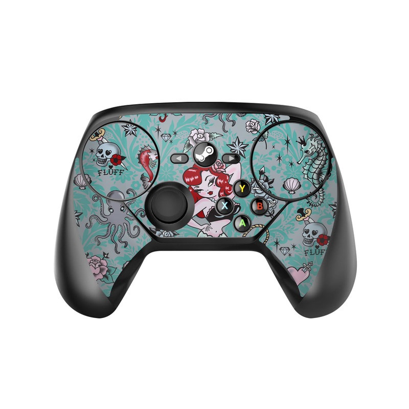Valve Steam Controller Skin design of Mermaid, Illustration, Fictional character, Organism, Art, Pattern, Style, with gray, blue, black, red, white, pink colors
