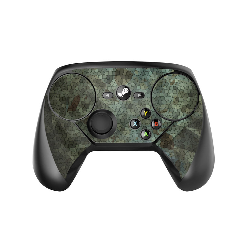 Valve Steam Controller Skin design of Green, Pattern, Brown, Wall, Design, Rock, Geology, Camouflage, Granite, Metal, with black, brown, blue, gray, white colors