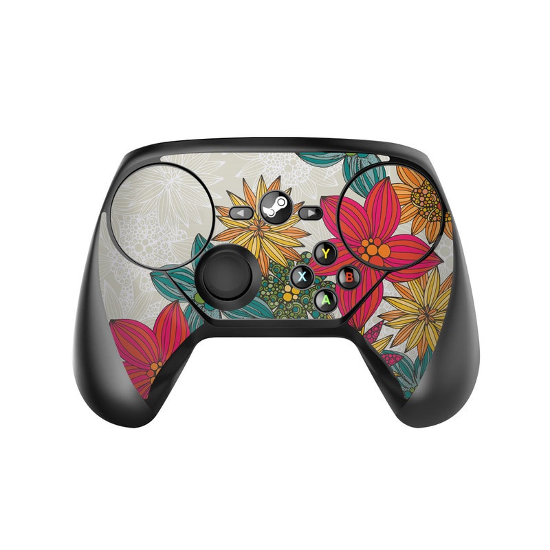 Valve Steam Controller Skin design of Floral design, Pattern, Flower, Wildflower, Plant, Botany, Leaf, Design, Textile, Visual arts, with blue, yellow, red, green, orange, gray colors