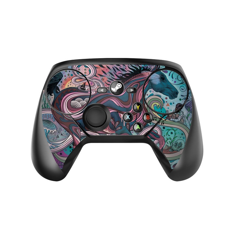 Valve Steam Controller Skin design of Illustration, Art, Visual arts, Graphic design, Fictional character, Psychedelic art, Pattern, Drawing, Painting, Mythology, with gray, black, blue, red, purple colors