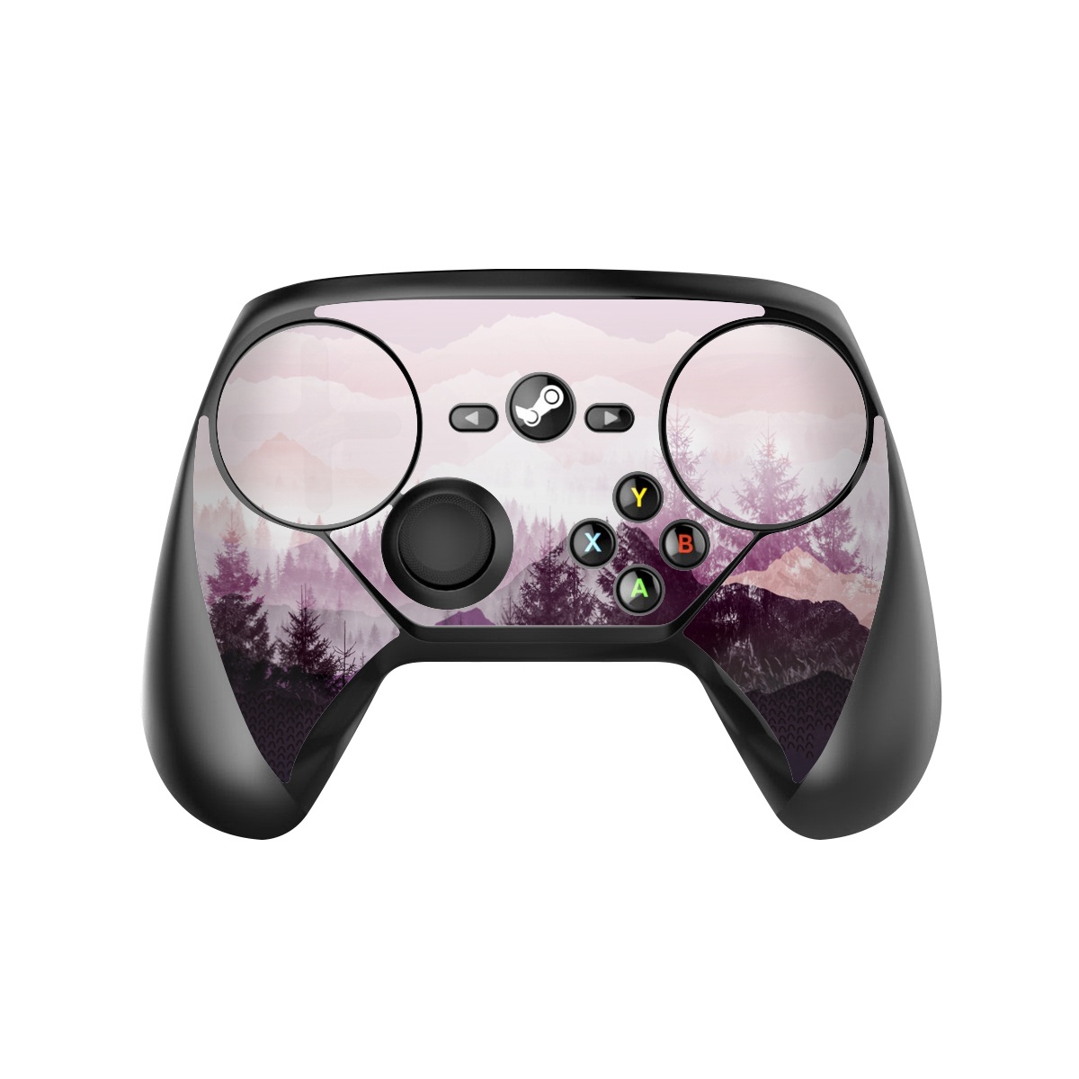 Valve Steam Controller Skin design of Sky, Purple, Atmospheric phenomenon, Pink, Natural landscape, Violet, Mountain, Tree, Morning, Mountain range, with white, purple, black, pink colors