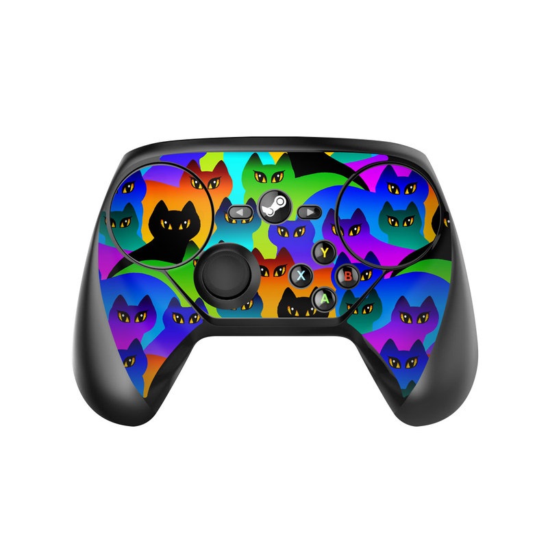 Valve Steam Controller Skin design of Black cat, Purple, Cat, Small to medium-sized cats, Pattern, Design, Felidae, Illustration, Art, with black, blue, green, purple colors