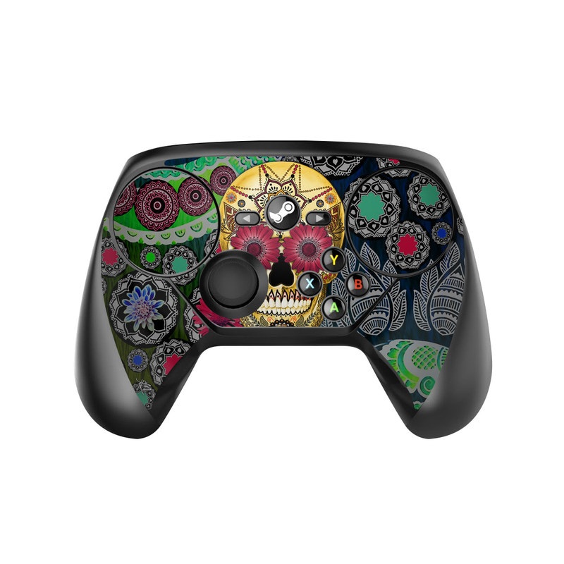 Valve Steam Controller Skin design of Skull, Bone, Pattern, Psychedelic art, Visual arts, Design, Illustration, Art, Textile, Plant, with black, red, gray, green, blue colors