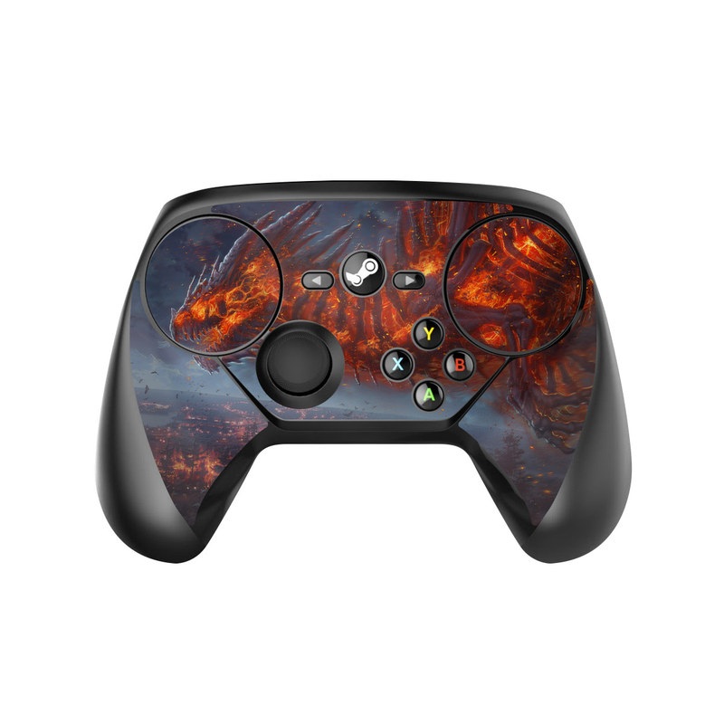 Valve Steam Controller Skin design of Geological phenomenon, Dragon, Cg artwork, Sky, Flame, Fictional character, Mythology, Lava, Demon, Heat, with red, blue, black colors