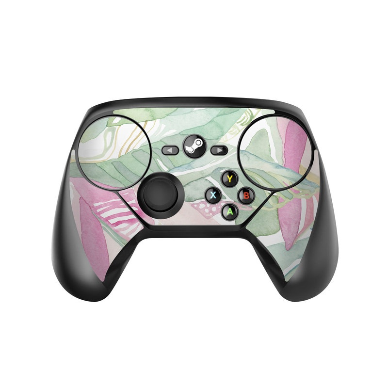Valve Steam Controller Skin design of Pink, Leaf, Botany, Pattern, Plant, Flower, Illustration, with white, green, pink, orange colors