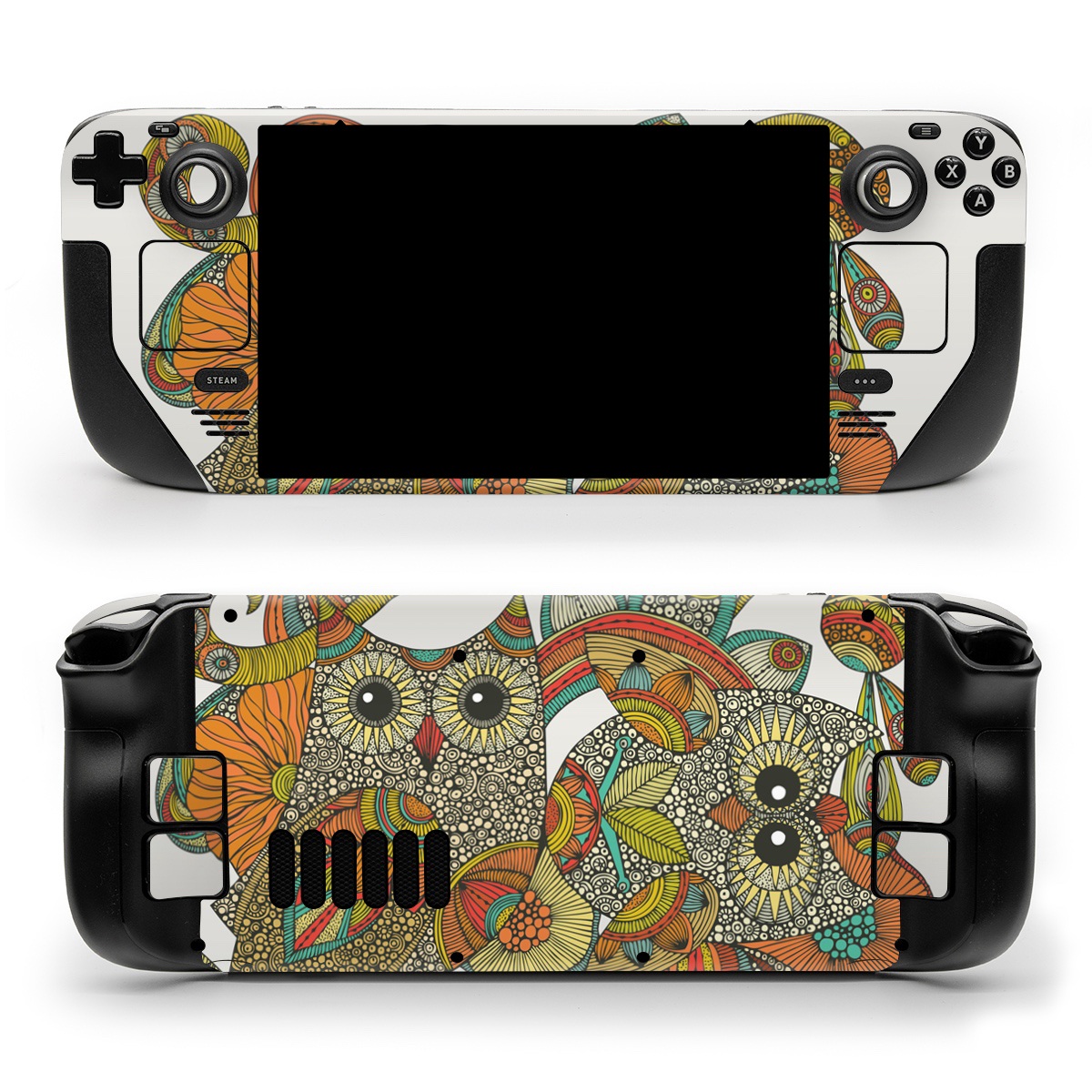 Valve Steam Deck Skin design of Owl, Pattern, Visual arts, Art, Design, Textile, Illustration, Motif, Bird, with white, green, orange, yellow, blue, red colors