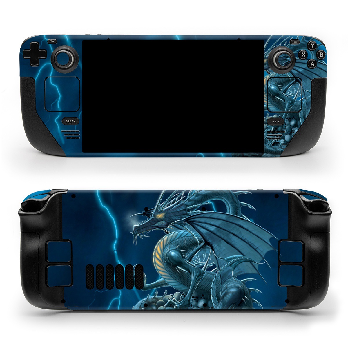 Valve Steam Deck Skin design of Cg artwork, Dragon, Mythology, Fictional character, Illustration, Mythical creature, Art, Demon, with blue, yellow colors