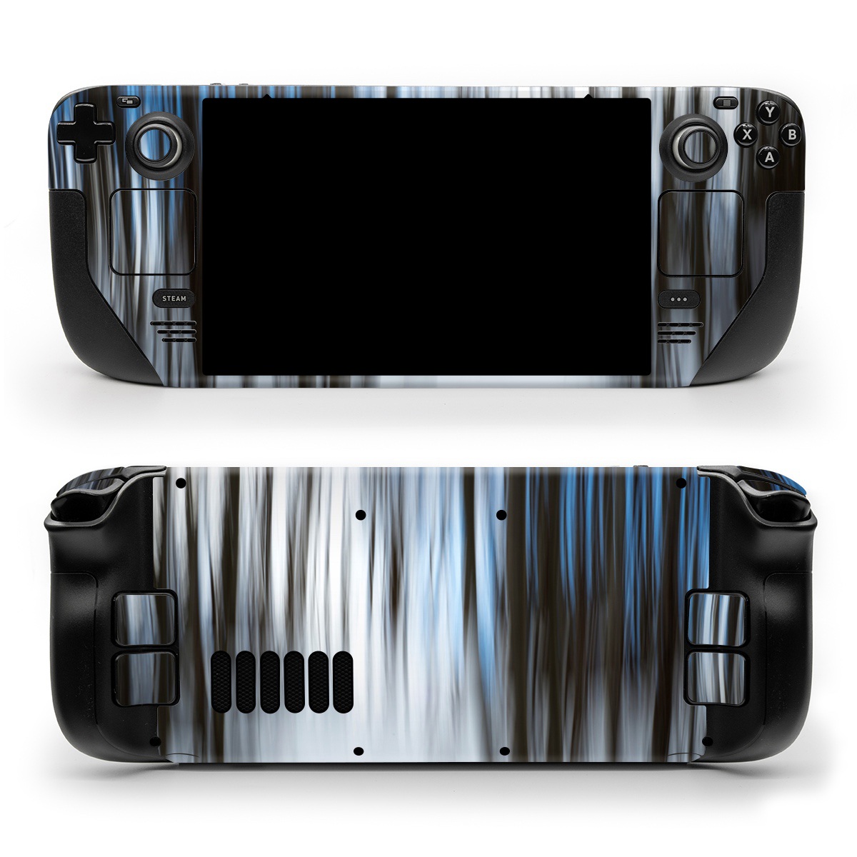 Valve Steam Deck Skin design of Water, Blue, Natural environment, Tree, Forest, Line, Waterfall, Plant, Black-and-white, Reflection, with black, white, blue colors