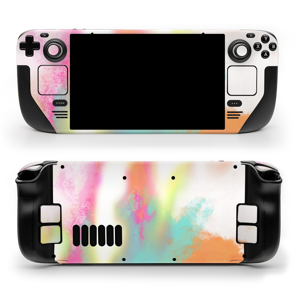 Valve Steam Deck Skin design of Sky, Yellow, Orange, Pink, Art, Illustration, Visual Arts, Pattern, Colorfulness, Watercolor Paint, with white, pink, orange, yellow, blue, brown colors